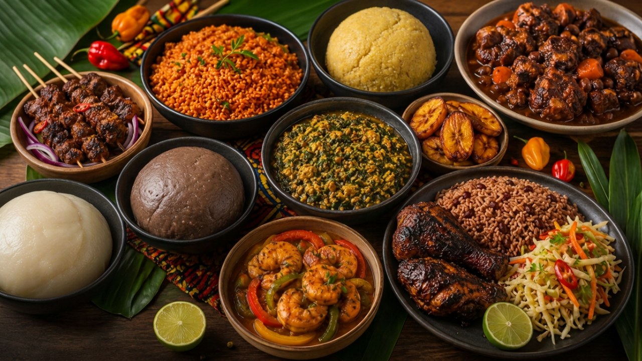 Premium spread of African and Caribbean cuisine — jollof rice, pounded yam and amala, egusi soup, suya skewers, oxtail stew, fried plantain, jerk chicken with rice and peas and coleslaw, and pepper shrimp